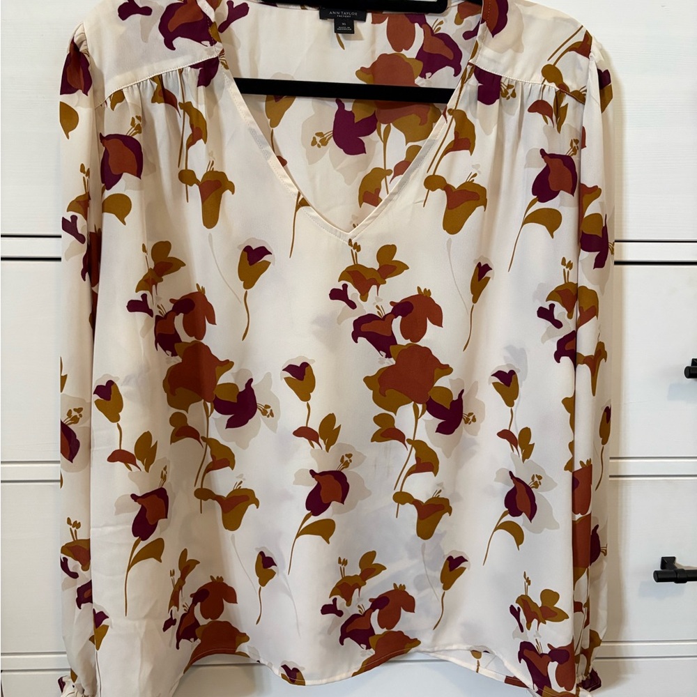 Ann Taylor Cream Blouse with Rust and Plum Floral Print